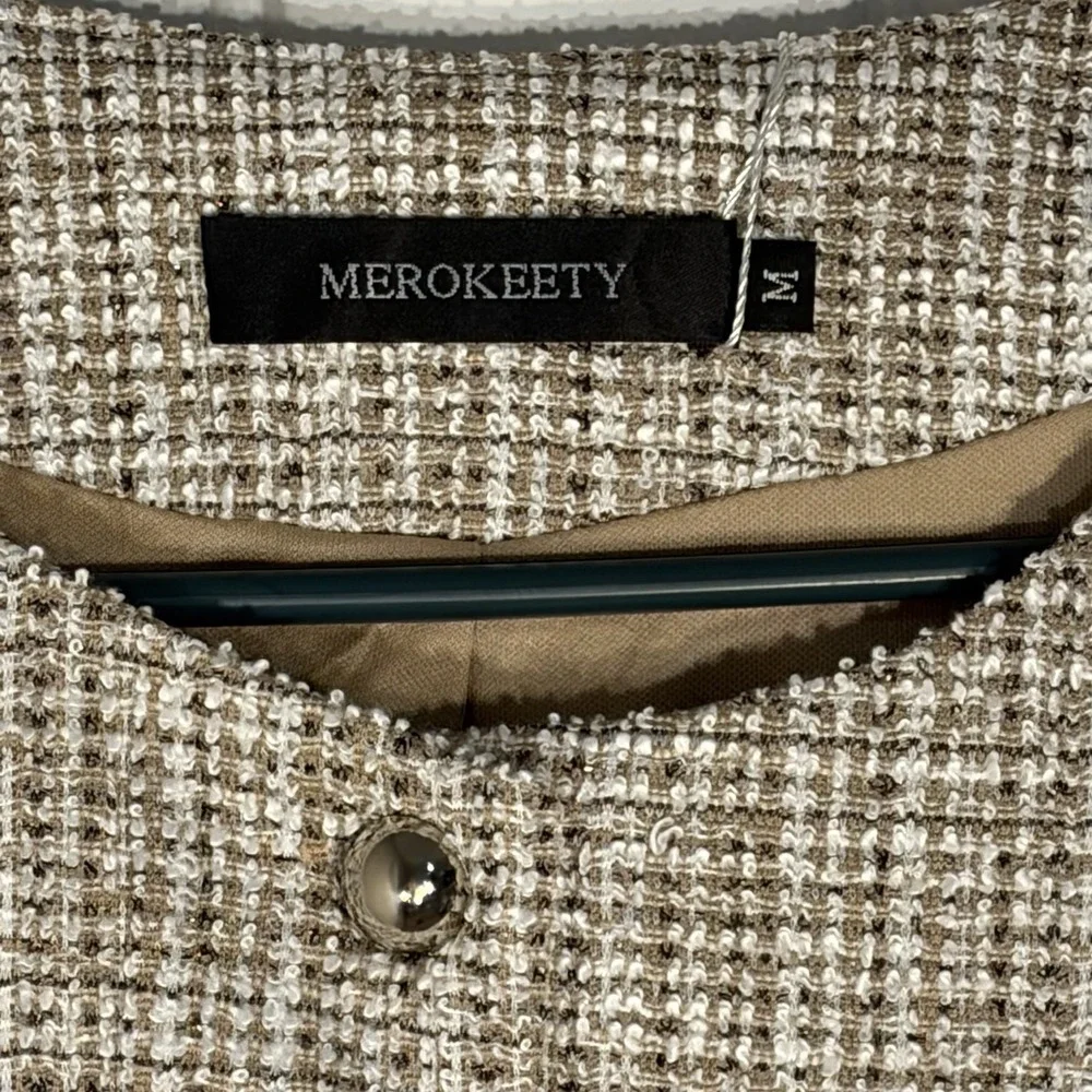 Merokeety Tweed Textured‎ Button Jacket Women's M Neutral Lightweight Blazer